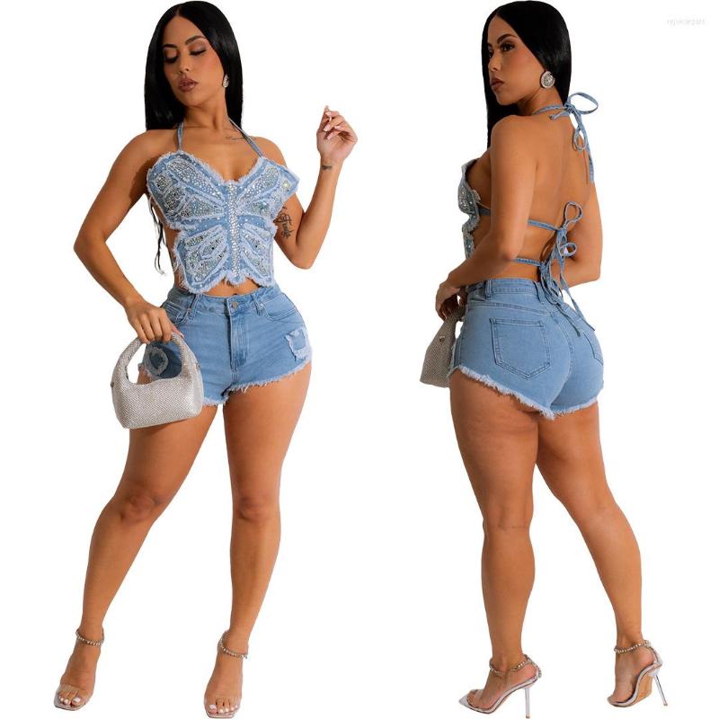 

Women's Tracksuits Sexy Denim Butterfly Shorts Sets Women Halter Bandage Crop Top With Rhinestone And Mini Summer 2 Piece Club Outfits 2023, Light blue