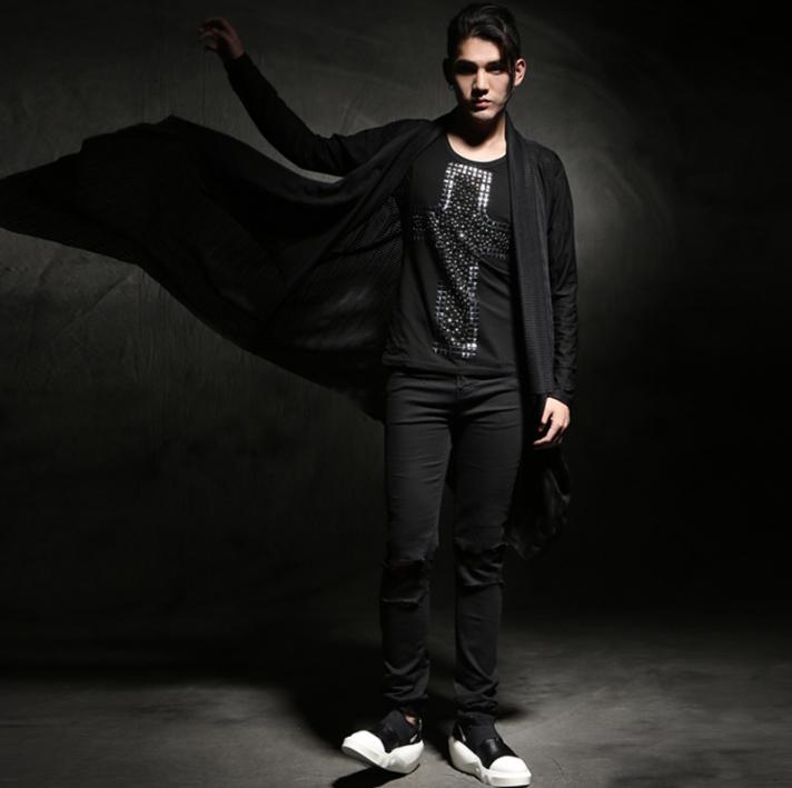 

Fall2016 Mens Long Sleeve Shawl CardiganMales Long Style Punk Cardigan Fashion Casual Trench Men Summer Thin Outerwear Coats 7771503447, Black