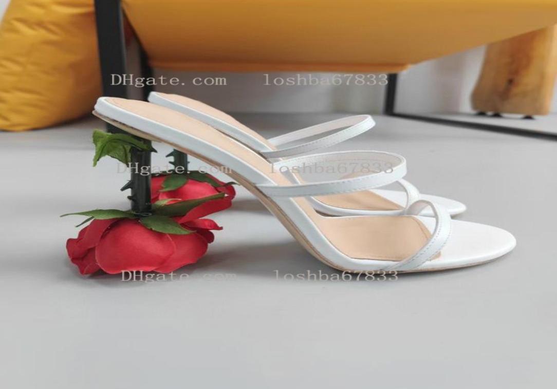 

Top unique designer highheeled slippers fashion women039s nail polish and rose heel 10cm sandals real leather soles luxury wed6732189, White
