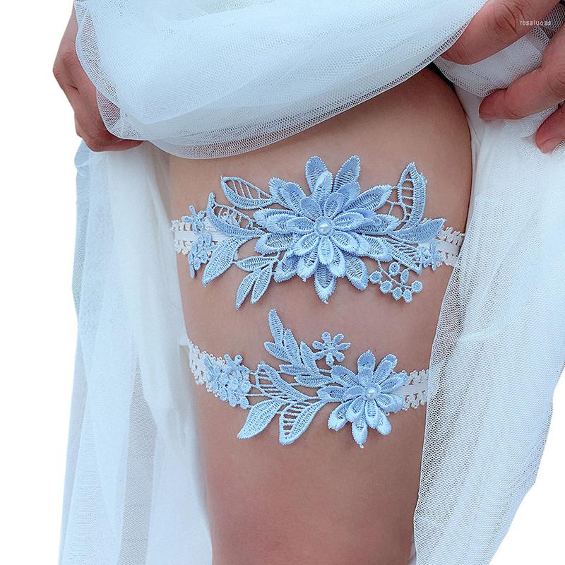 

Garters Bridal Lace Leg Ring 2 Pieces Wedding Garter Navy White Embroidery Floral Fashion Sexy Thigh Belt, Black