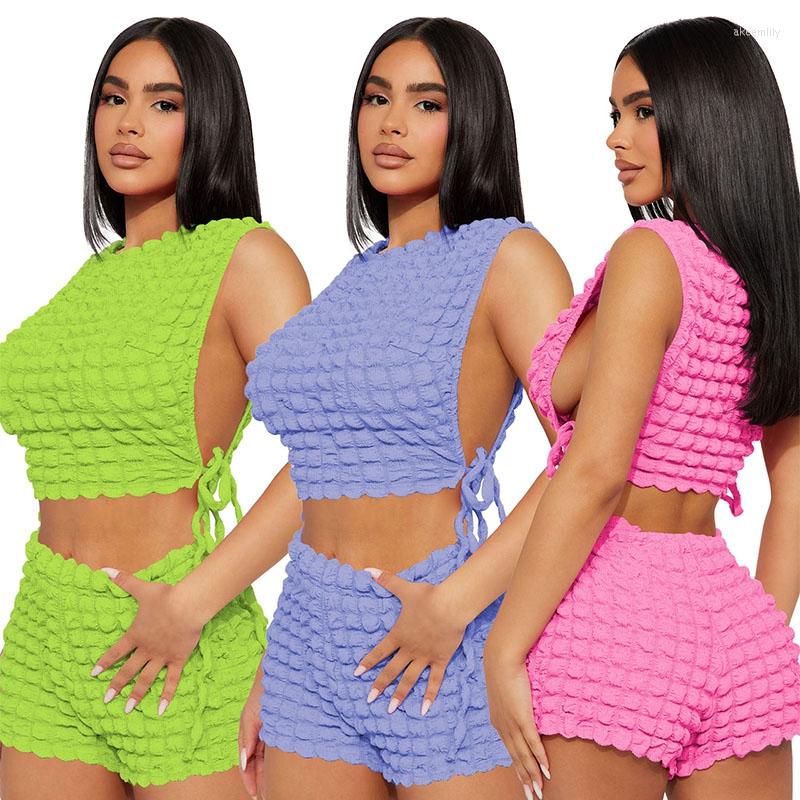 

Women's Tracksuits Fluorescence Green 2pcs Tracksuit Women Summer Sleeveless Side Hollow Bandage Tank Crop Top And Drawstring Fitness Shorts, Purple