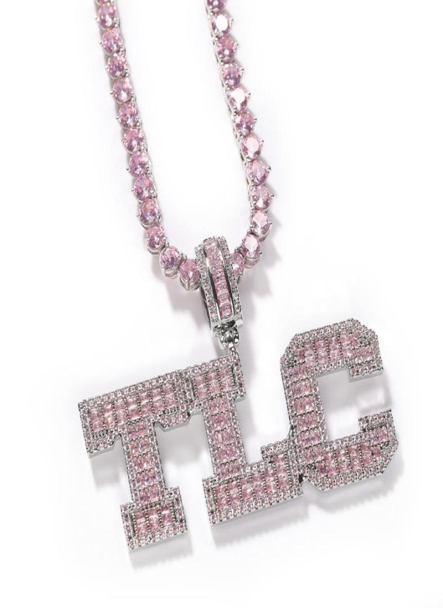 

Pink Baguette Solid Letters Custom Name Necklace Pendant With Tennis Chain Iced Out Personalized Jewelry5775147