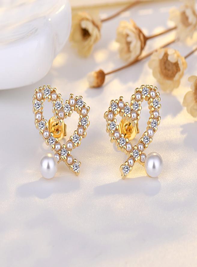 

925 silver 2022 OL sweet heart stud earrings with shining crystal 18K rose gold luxury pearl designer ear rings jewelry gift1635353