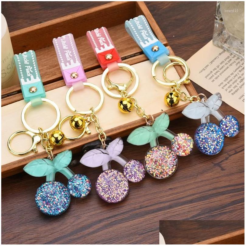 

Keychains Lanyards 6 Colors Crystal Acrylic Cherry Sequins Keychain For Women Transparent Key Chain Rope Lover Car Girl Gift Ring Dhalp