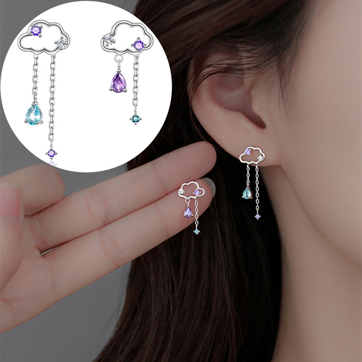

5Pair Fashion Charm Asymmetric Cloud Ear Studs For Women Crystal Zircon Long Chain Tassel Earring Party Jewelry Pendientes