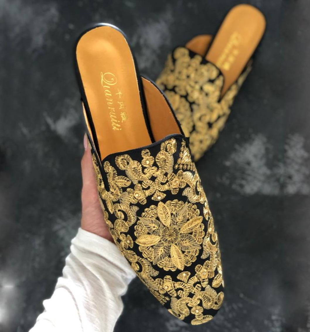 

luxury Chinese Men leather Loafers Flats handwork embroider slippers Shoes diamond SlipOn Sapato Feminino Male Homecoming gold si3803093