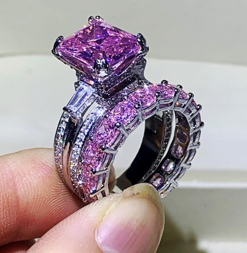 

2020 New Top Selling Luxury Jewelry 925 Sterling Silver Couple Rings Eiffel Tower Princess Pink Sapphire Women Wedding Bridal Ring7327338