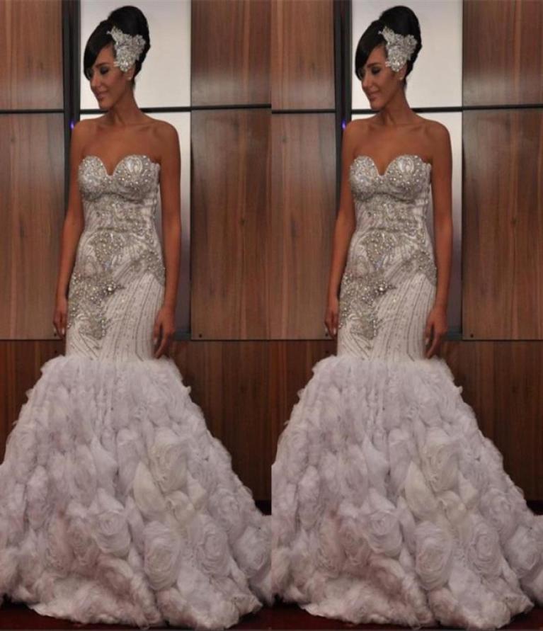 

2021 Stunning Strapless Sleeveless Crystal Beading Wedding Dresses Mermaid Ruffles Zipper Back Vintage African Bridal Gowns7560450, Gold