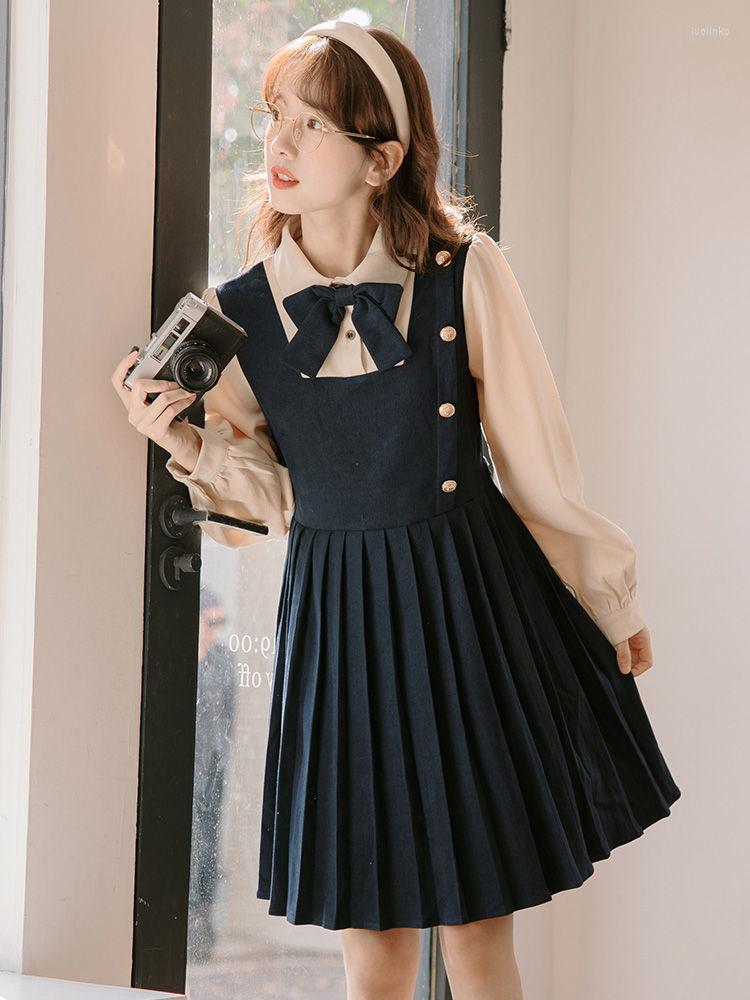 

Casual Dresses Preppy Style Kawaii Dress Fake Two Pieces Patchwork Lolita Long Sleeve Pleated Bow School Uniform Korean Fashion, Brown