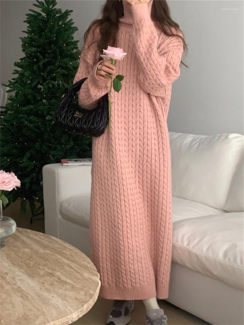 

Casual Dresses Alien Kitty Straight Sweater Maxi Dress Years Women Chic Knitted Turtleneck Winter Slim Solid Office Lady Pullovers Warm, Pink