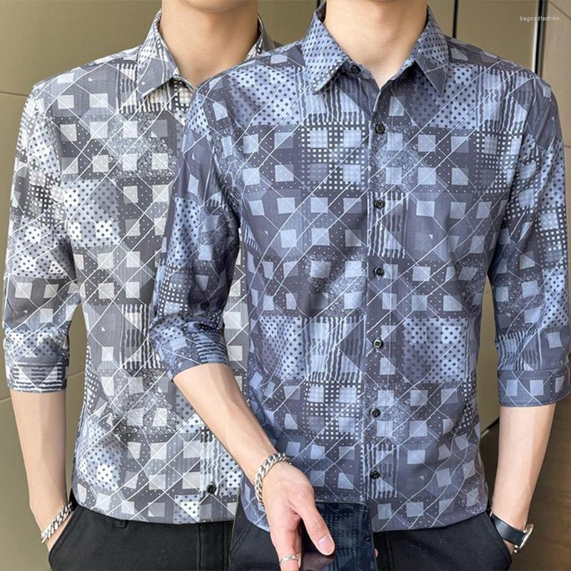 

Men's Casual Shirts Summer Men's Seven-part Shirt Fashion Printing Handsome In The Sleeve Business, Grey