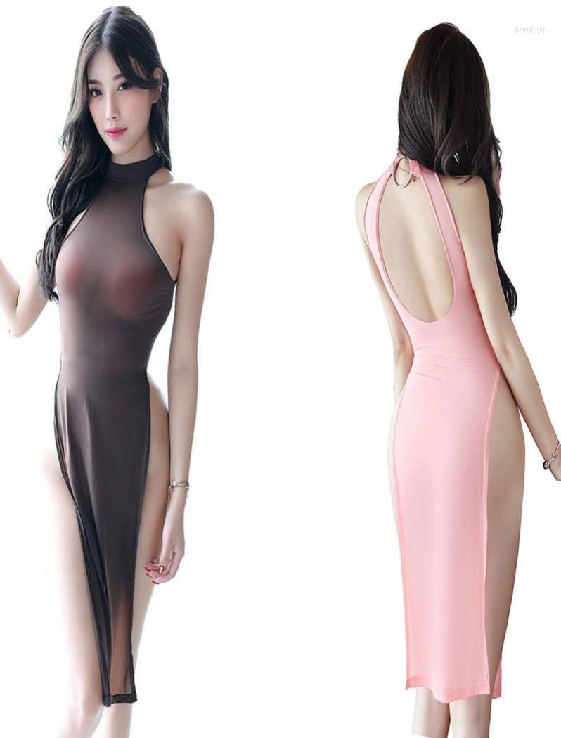 

Women039s Sleepwear Sexy Women Sheer Opaque High Slit Leg Dress Knee Length Cheongsam Style Night2150278, Black
