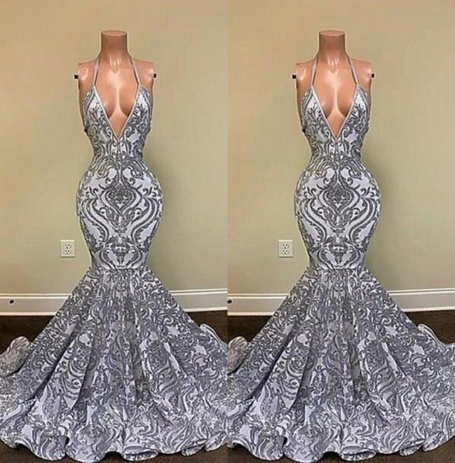 

2022 Gorgeous Silver Mermaid Prom Dresses Spaghetti Straps Vneck Appliques Lace Backless Evening Gowns BC13118 B0417Q5820832