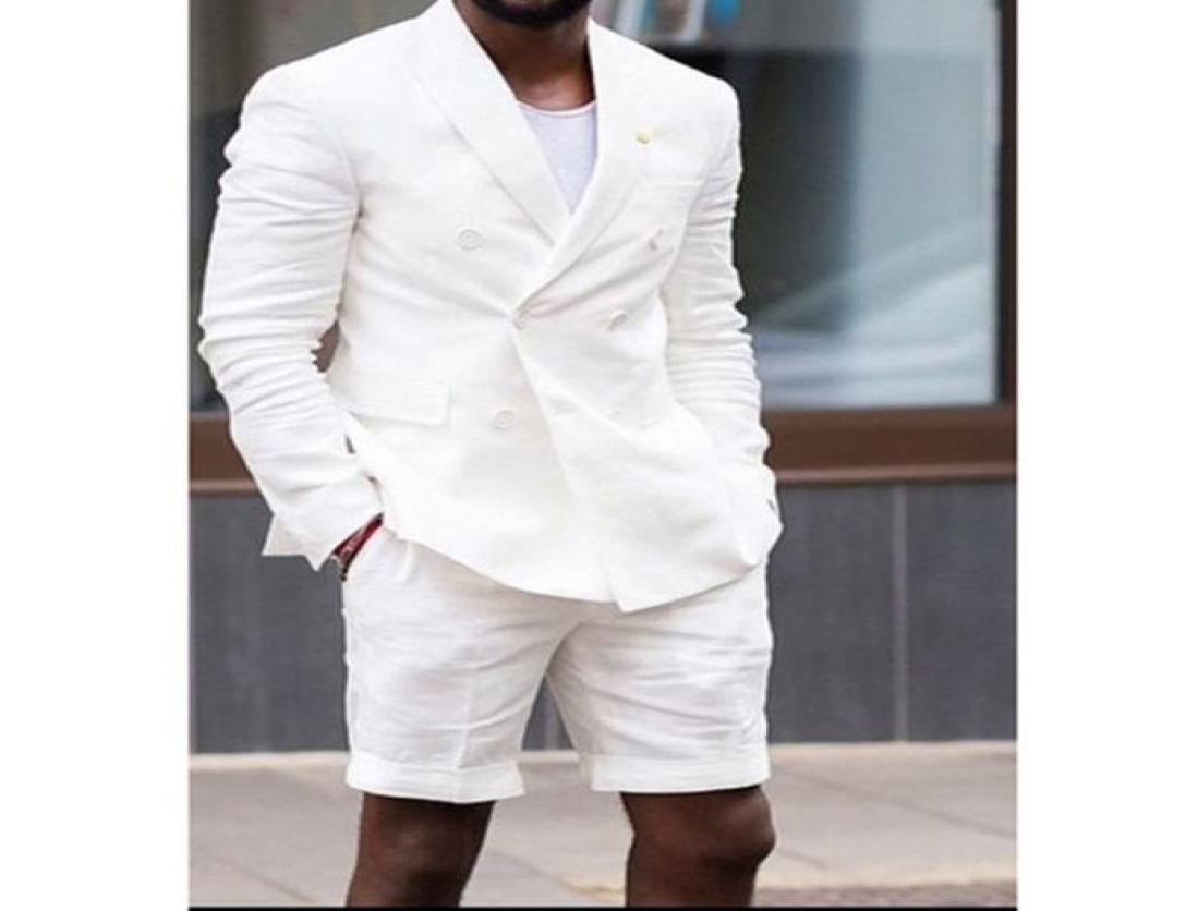 

White Linen Man Suits with Double Breasted Blazer Short Pants Two Piece Summer Casual Style Male Jacket Wedding Groom Tuxedos2447241, Beige