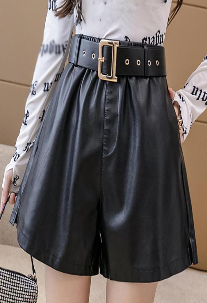 

Women039s Shorts With Belt PU Leather Women 2021 Fall Winter Elegant Wide Leg High Waist Feminino Fashion Faux Short Femme5565569, Black