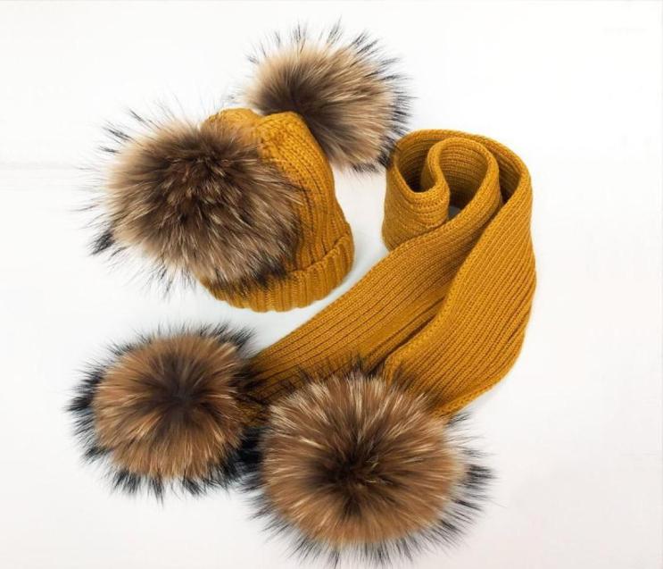 

New children039s double hair ball woolen hat scarf set men and women thickened raccoon fur knitted ear cap1794762