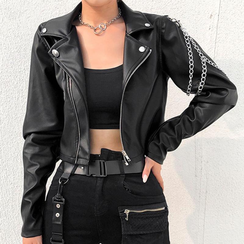 

Women' Leather & Faux 2023 PU Jacket Women Fashion Zipper Lapel Long Sleeve Metal Chain Autumn Winter High Street Casual Western Style, Black