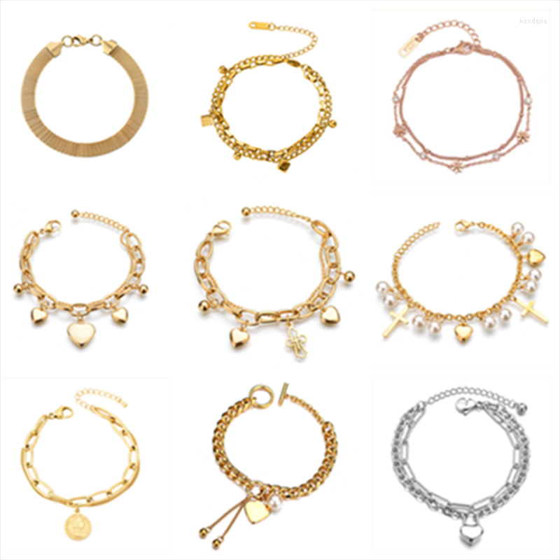 

Link Bracelets 316L Stainless Steel 9 Different Styles Flower Love Heart Shape Pearl Cuba Chain For Women Fashion Fine Jewelry Gift