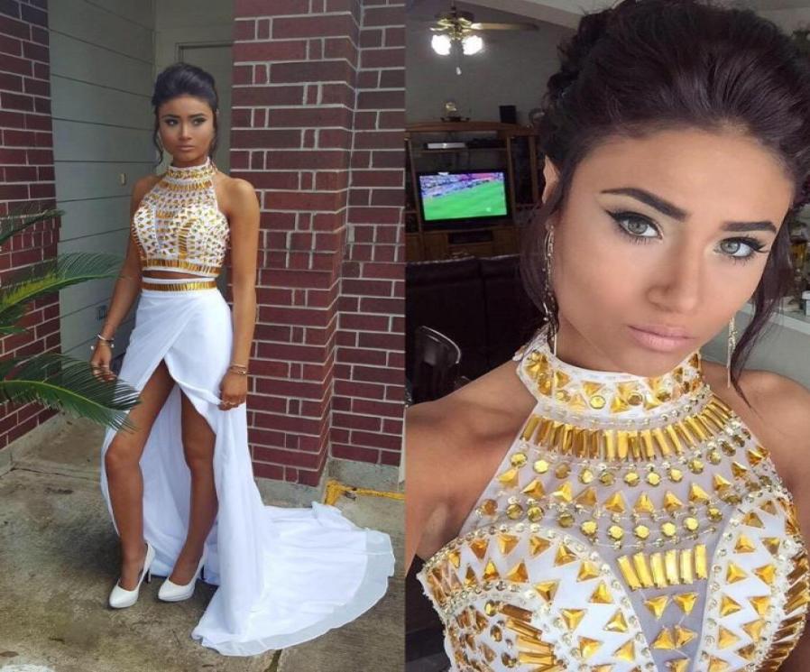 

Sexy Split White Gold Prom Dresses High Neck Halter Chiffon Sheath Backless Black Silver Two Piece Graduation Dresses Evening Part9804125, Pink