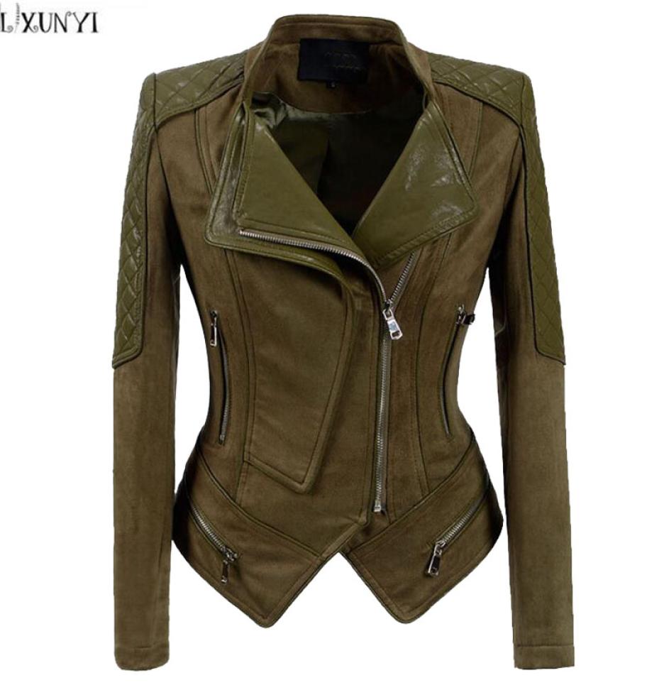 

LXUNYI 2018 Autumn Winter Korean Leather jacket Female Army Green Slim Short Handsome Motorcycle jacket Women Ladies Suede Coat3475345