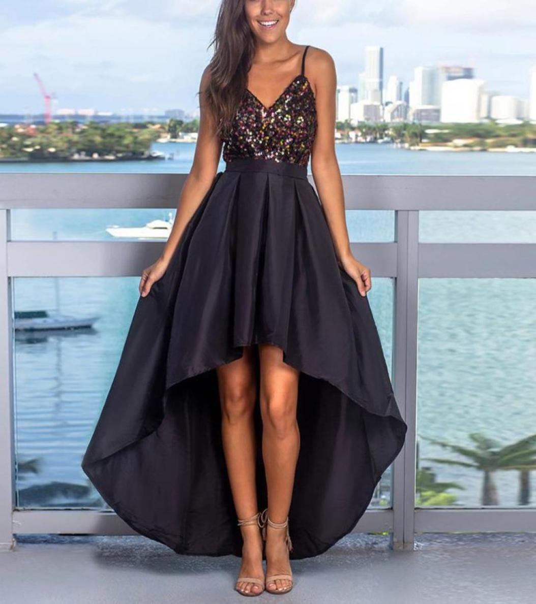 

Casual Dresses Female Elegant V Neck Sequins Beading Satin Wedding Bridesmaid Dress Spring Summer Sexy Party Evening High Low Swin5842490, Black