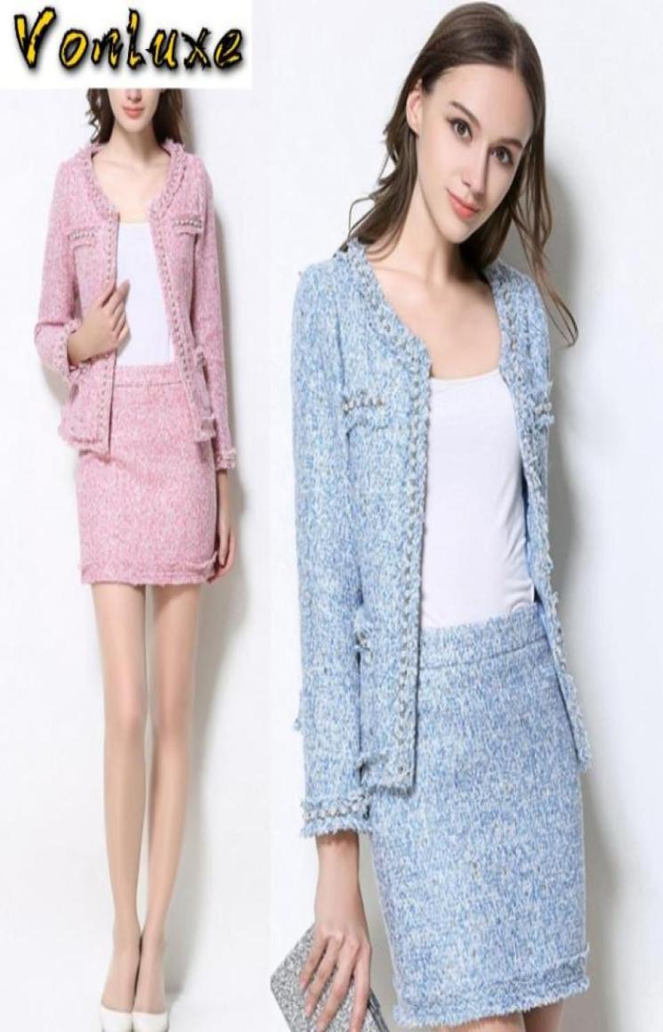 

dress Suits Women Runway Designer Elegant Office Lady Formal Tweed Wool Blazer Jacket Mini Skirt 2 Piece Sets Autumn Winter8516411, Blue