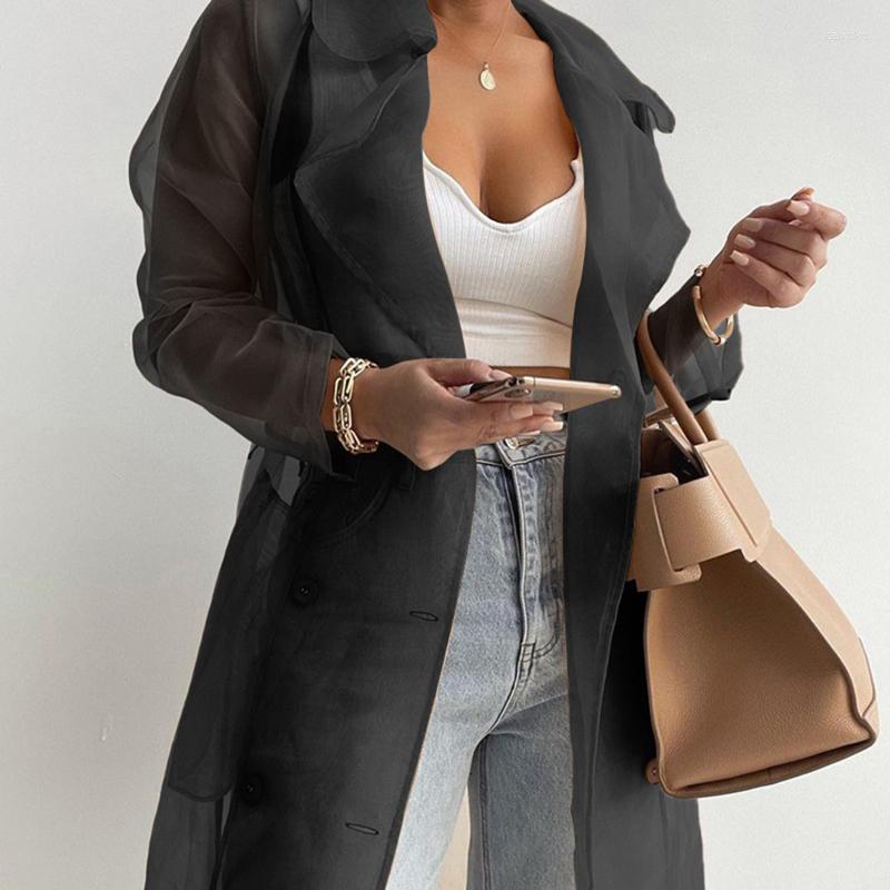 

Women' Jackets 2023 Fashion Woman See Through Outdoor Top Lacing Spring Mesh Transparent Long Sleeve Buttoning Coat With Belt Elegant, Khaki