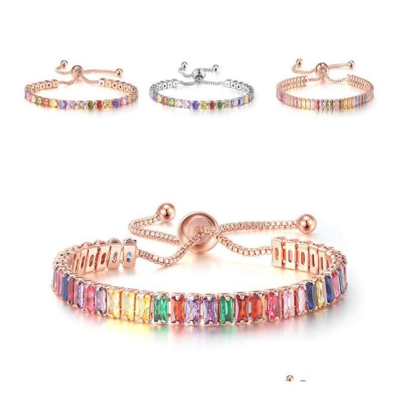

Charm Bracelets Rose Gold Plated Cubic Zircon Adjustable Colorf Bracelet For Women Girls Rainbow Birthday Party Wedding Jewelry Gift Dhoo0