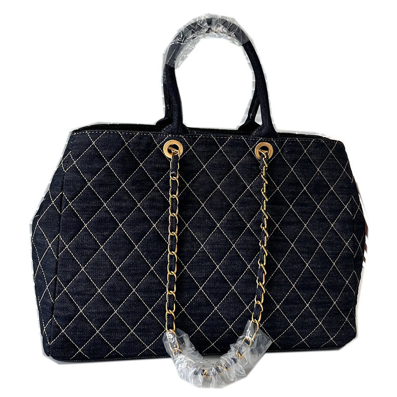 

Unisex Designer Denim Jumbo Tote Bag with Top Handle Gold/Aged Silver Metal Hardware Two-Tone Matelasse Chain Shoulder Handheld Large Capacity Back Pouch 38x27cm, Box