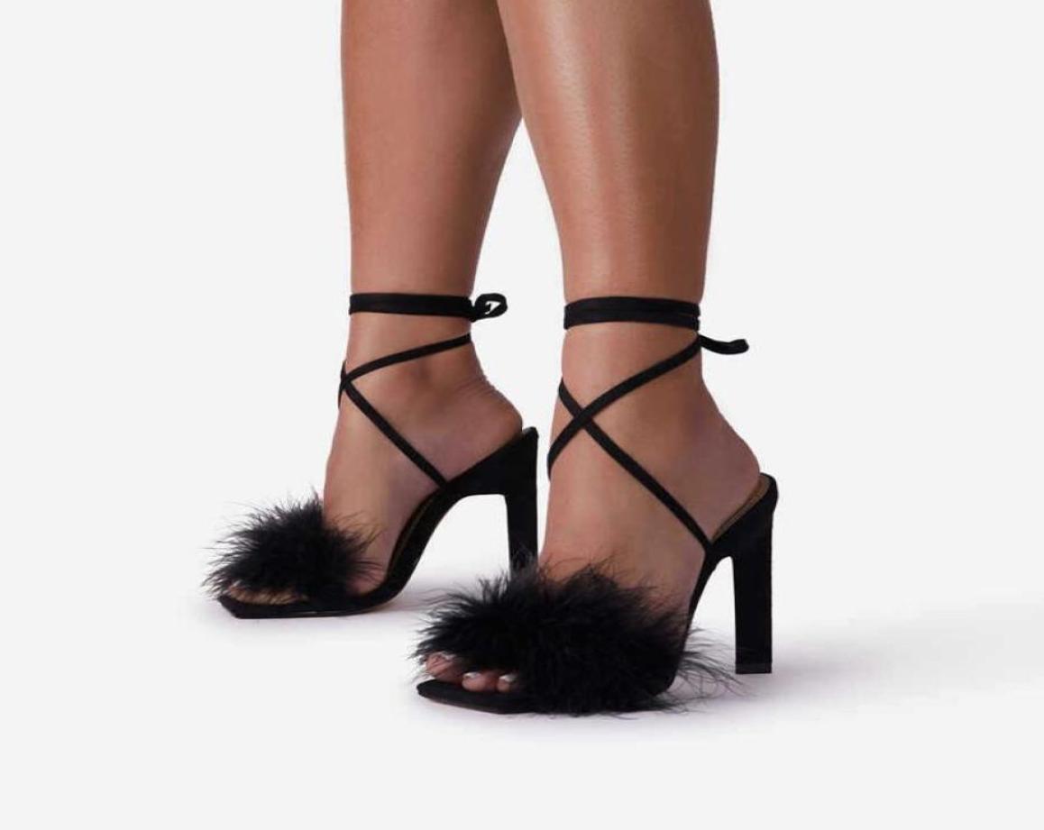 

Dress Shoes Designer Woman039s Pumps High Heels Furry Fur Lady Stiletto Open Toe Cross Tie Ankle Strap Women Sandals 2021 Fashi6191765, Green
