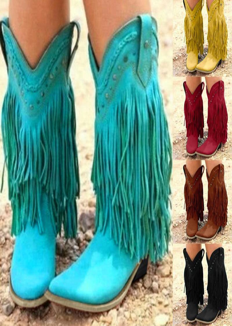 

Women Midcalf Low Heel Bohemia Style Gladiator Motorcycle Boots Fringed Cowboy Boots Shoes Spring Autumn Women Tassel6645676, Blue
