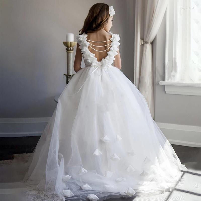 

Girl Dresses Ivory White Flower Dress Lace Top Pearls Waisted Kid Birthday Party Gown Costumes First Communion Drop, Picture color