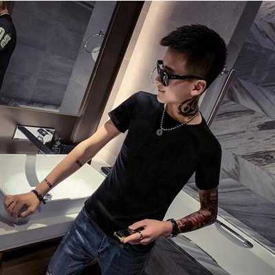 

2023 Summer Men's T-shirt Underlay Men's Short Sleeve Slim Fit Half Sleeve Trendy Round Neck Ethnic Style Fashion T-shirt EWALAWXX, Solid t black