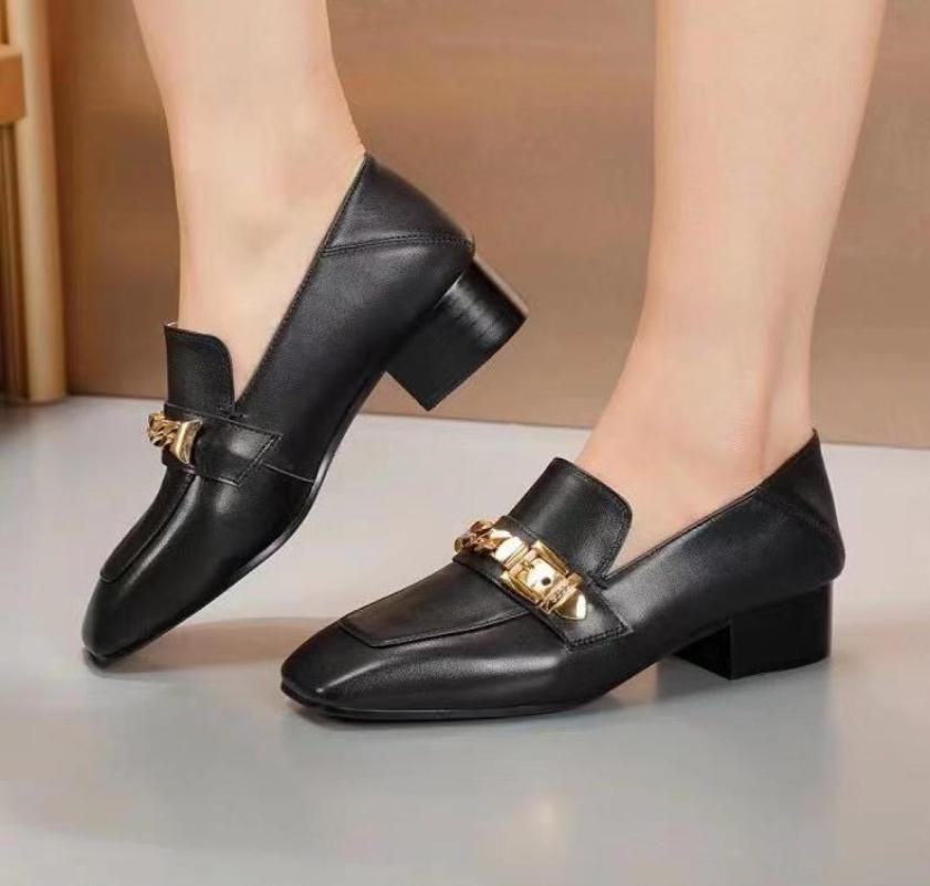 

top quality 2021010402y 344041 black cream genuine leather cowhide calf skin gold chain 2ways chunky heels mule slides shoes 4c2457165, Red