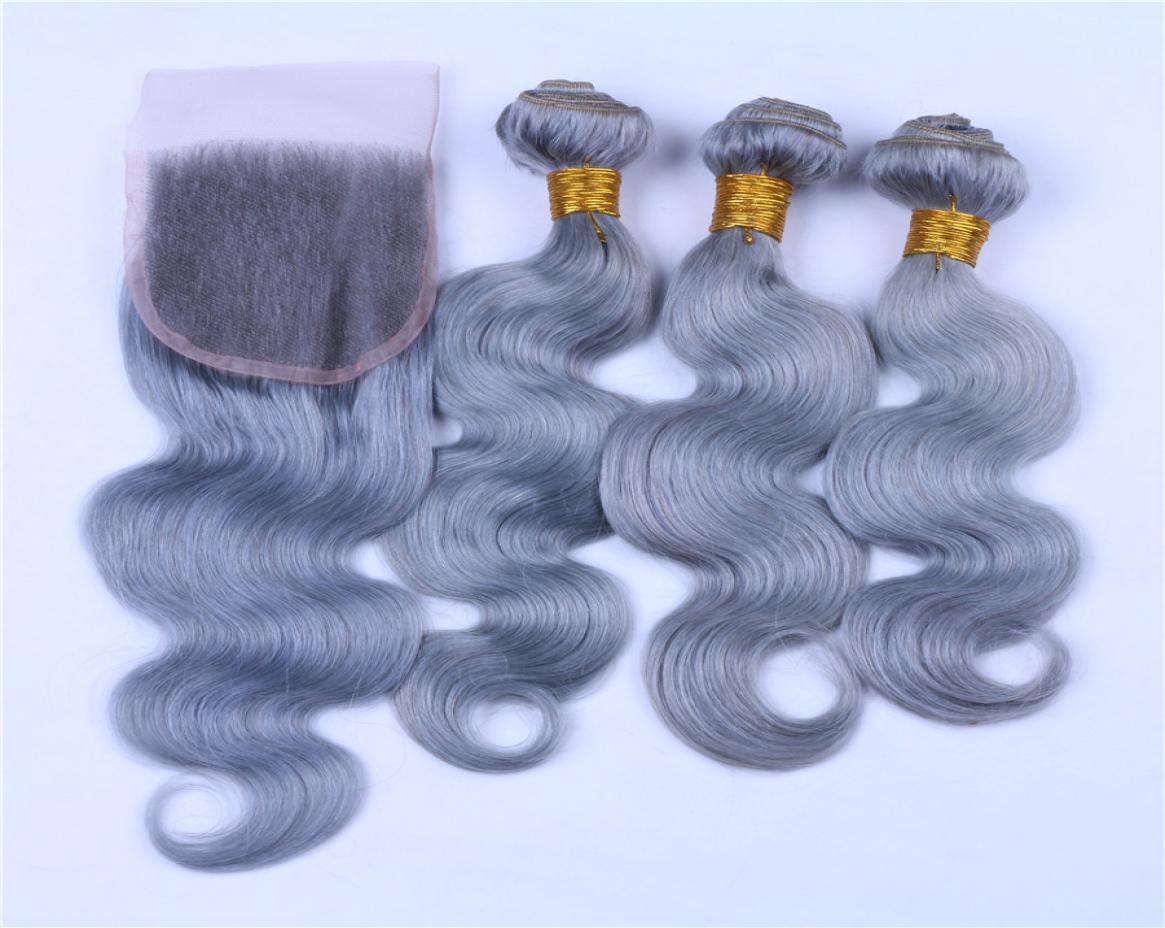 

Grey Human Hair Bundles with Lace Closure 4x4 Silver Gray Virgin Peruvian Body Wave Hair Lace Closure and Weave Bundles Deals1316326