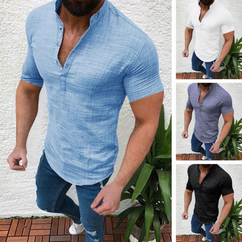

Men's Casual Shirts Men Summer T-shirt Stand Collar Short Sleeves Solid Color Pullover Button Daily Wear Slim Fit Mid Length Shirt Male C, White