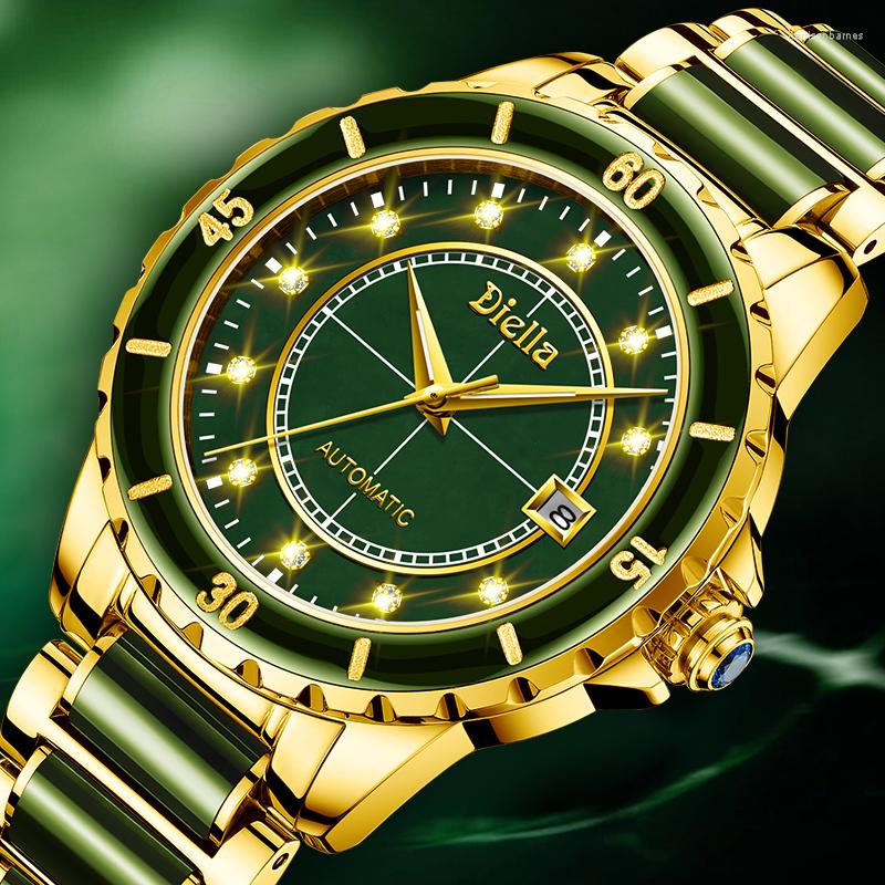 

Wristwatches Natural Emerald Jade Men Full Automatic Mechanical Watches Sapphire Dial Switzerland Men's Calendar Luminous Hands, Dark jade watch