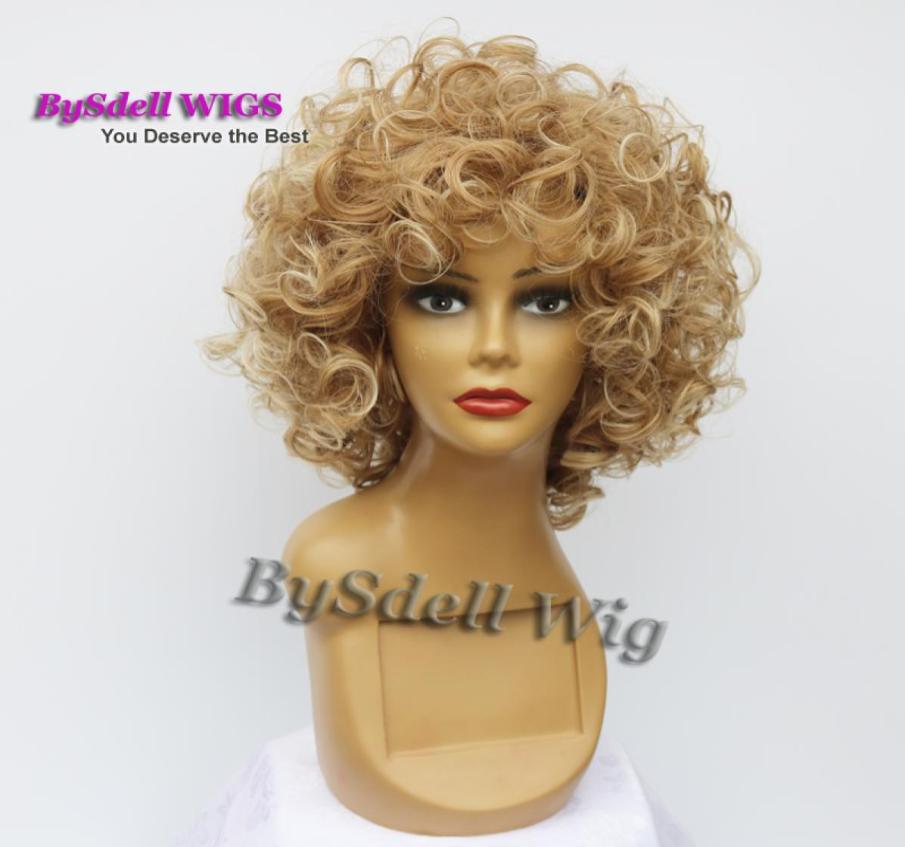 

short big curly wig afro fluffy Dark ombre Light blonde tip color heat resistant wavy hair African American wigs for black women9033515, Ombre color