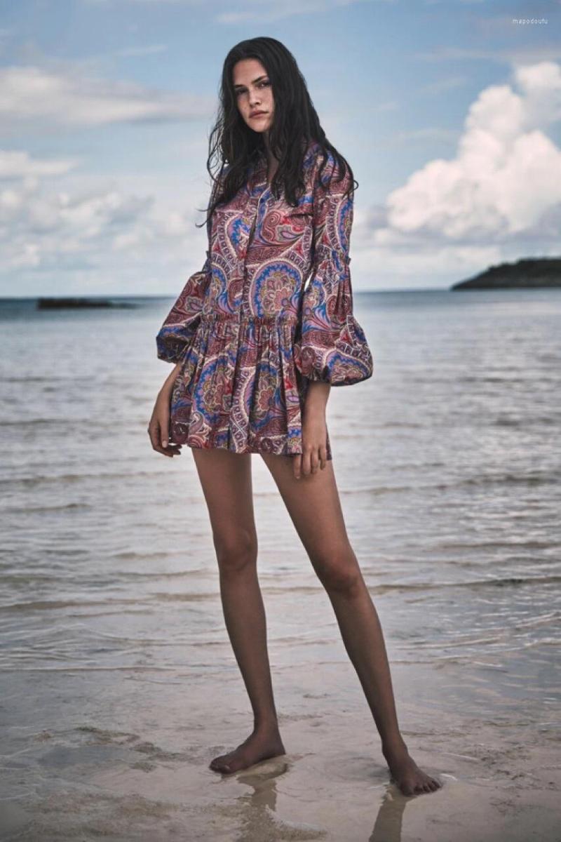 

Casual Dresses Women Retro Flower Printed Long Sleeve Edible Tree Decoration Shirt Mini Dress