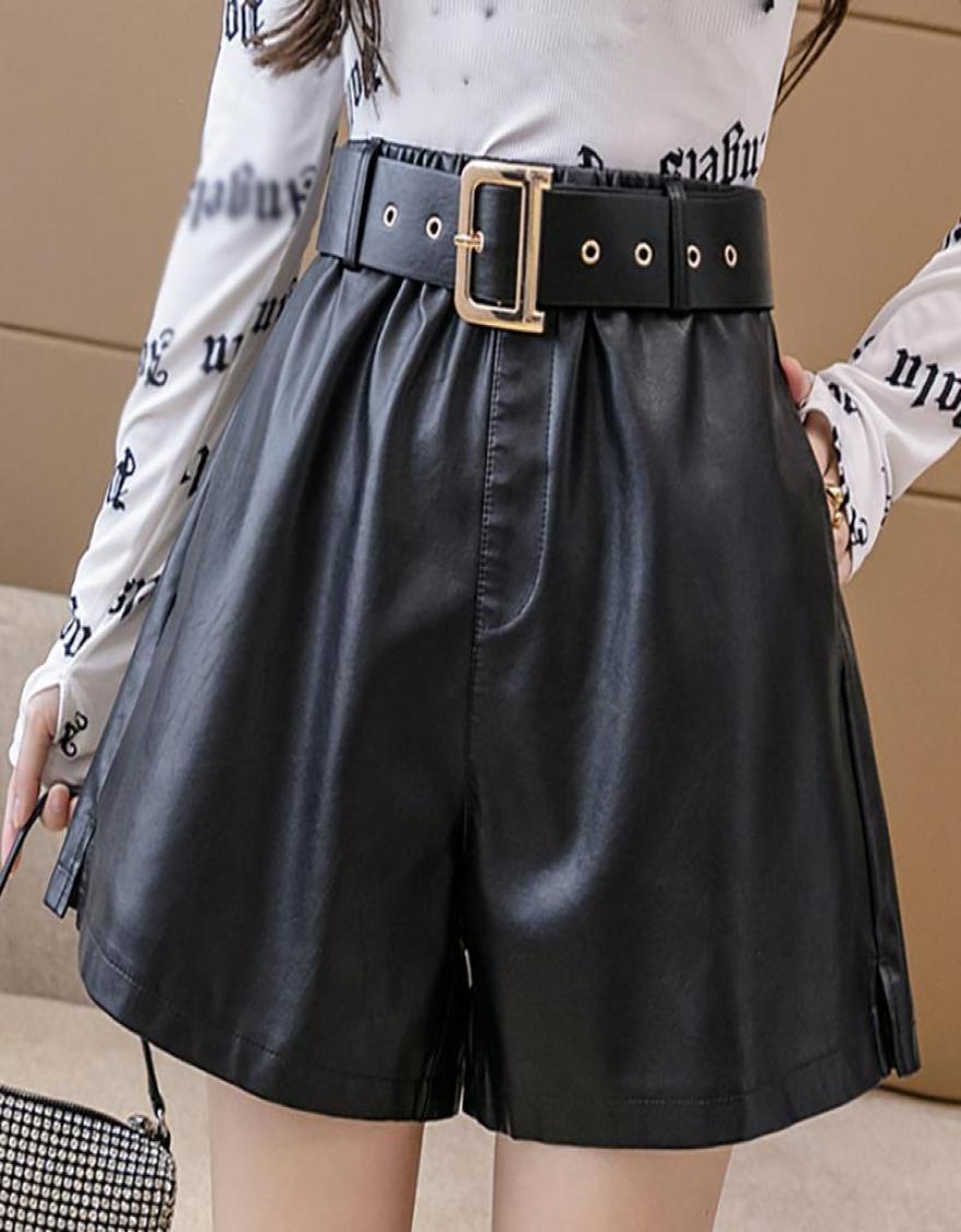 

Women039s Shorts With Belt PU Leather Women 2021 Fall Winter Elegant Wide Leg High Waist Feminino Fashion Faux Short Femme3846772, Black