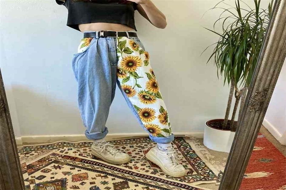 

Trend Sunflowers Printed Light Blue Jeans fit women young Girls soft denim long pant patchwork Harem hight waist jeans 2108094351181