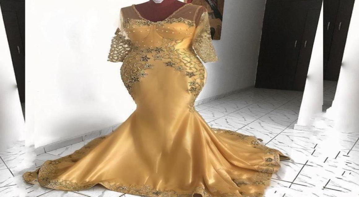 

2020 Gold Sexy Mermaid African Mother of Bride Dress V Neck Lace Beaded Evening Dresses Formal Party Prom Gowns6314157, Chocolate