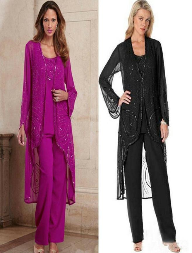

Chic Three Pieces Beading Mother of The Bride Pant Suits With Jacket Long Sleeves Wedding Guest Dress Chiffon Sequined Plus Size9887467