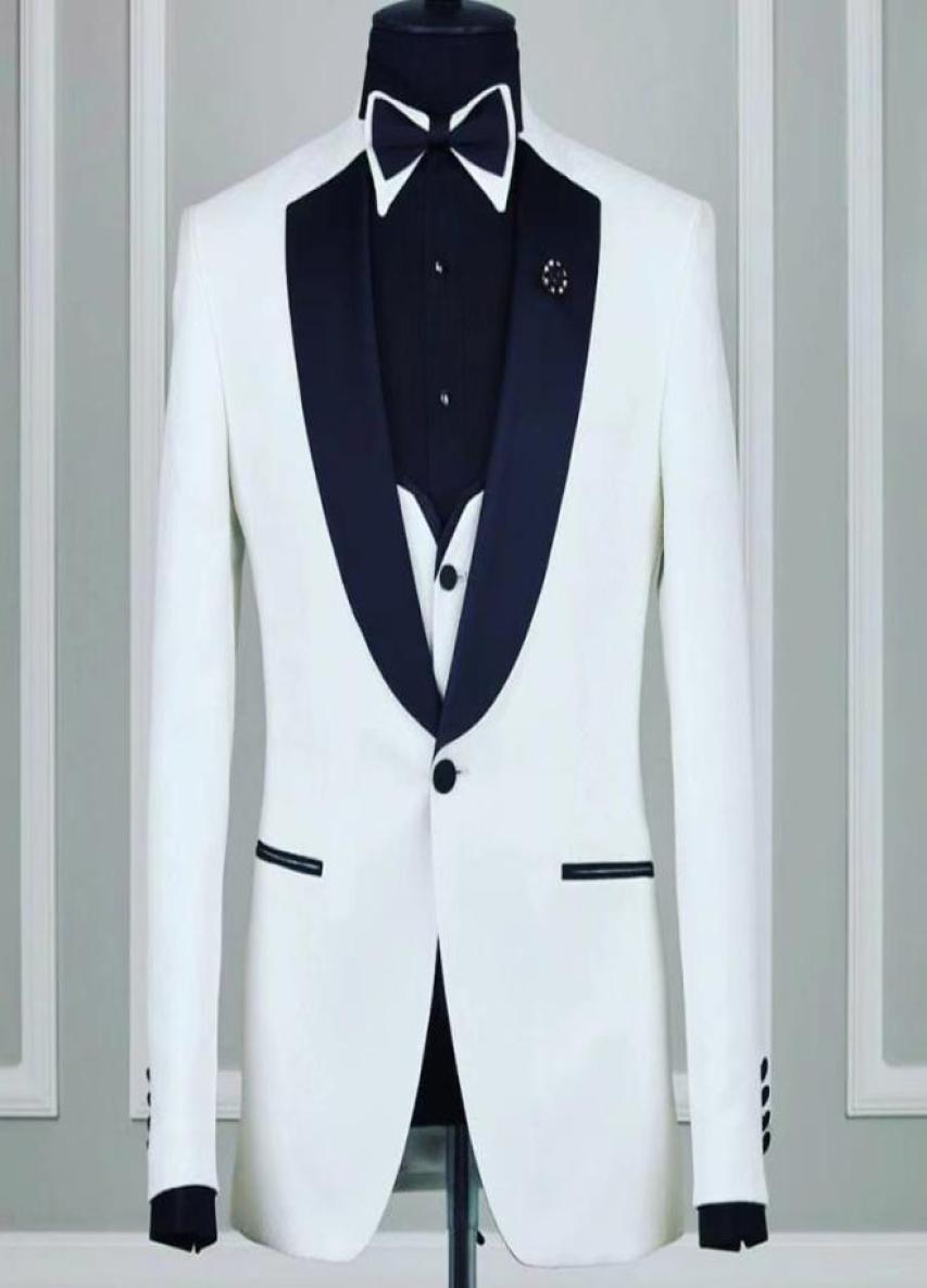 

White Business Men Party Suits Three Piece Jacket Pants Vest Peaked Lapel One Button Custom Made Wedding Tuxedos Men Party Lazer7381240, Royal blue