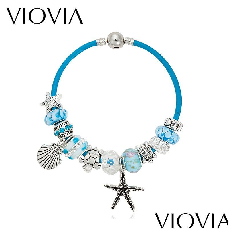 

Charm Bracelets Wholesale Viovia Summer Style Blue Leather Bangles Sea Turtle Star Shell Murano Glass Beads Bracelet For Women Drop Dh0Mn