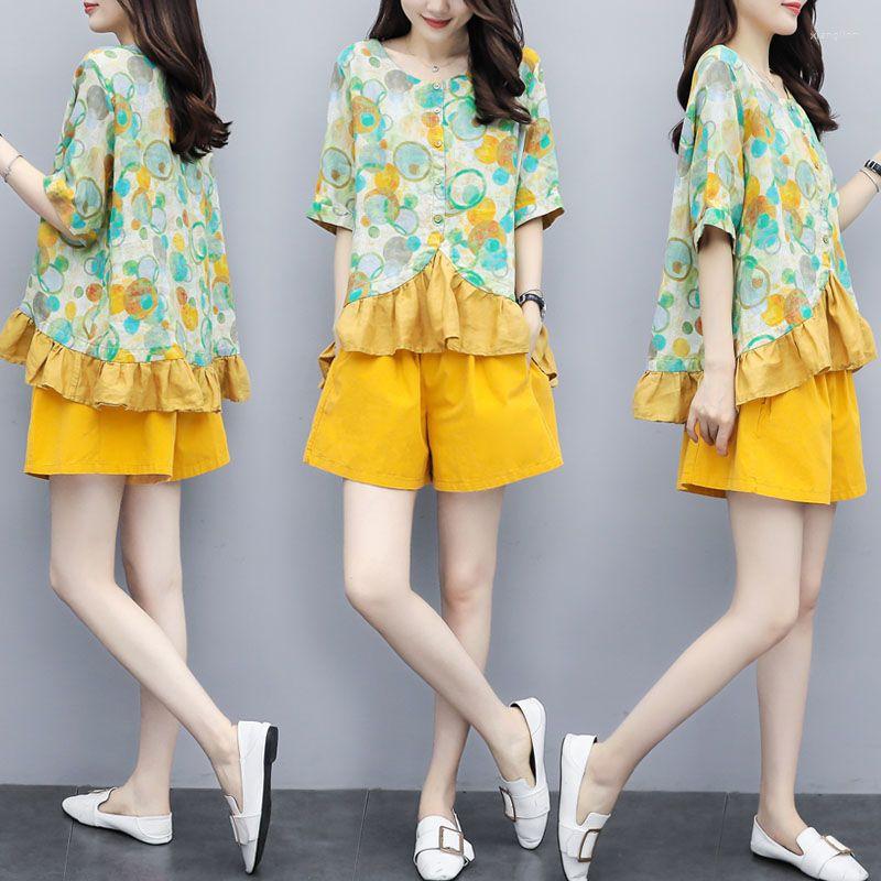 

Women' Tracksuits Casual Style Green Print Women Summer 2023 Fashion Two Piece Set Short Sleeve Tops And Yellow Wide Leg Shorts Sport Suit