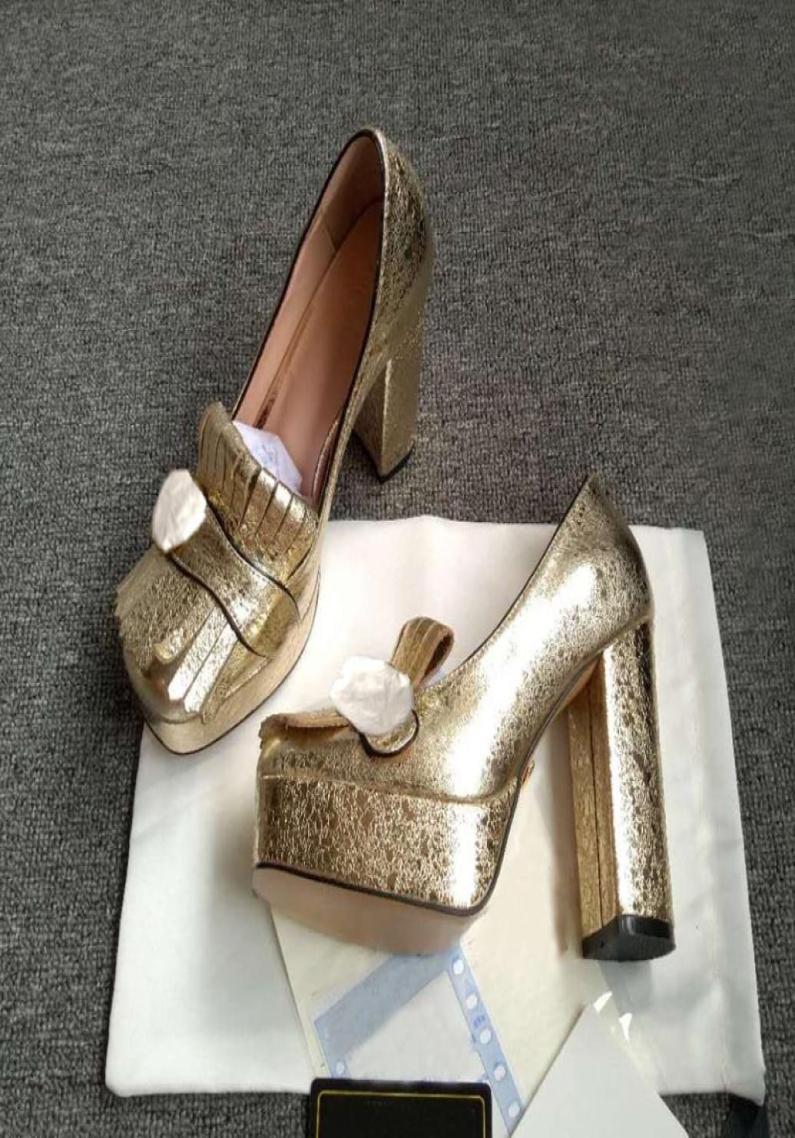 

Designer cowhide fashion dress shoes thickheeled women039s gold high heels spring and Autumn Metal Buckle fringed women039s3635659, Red