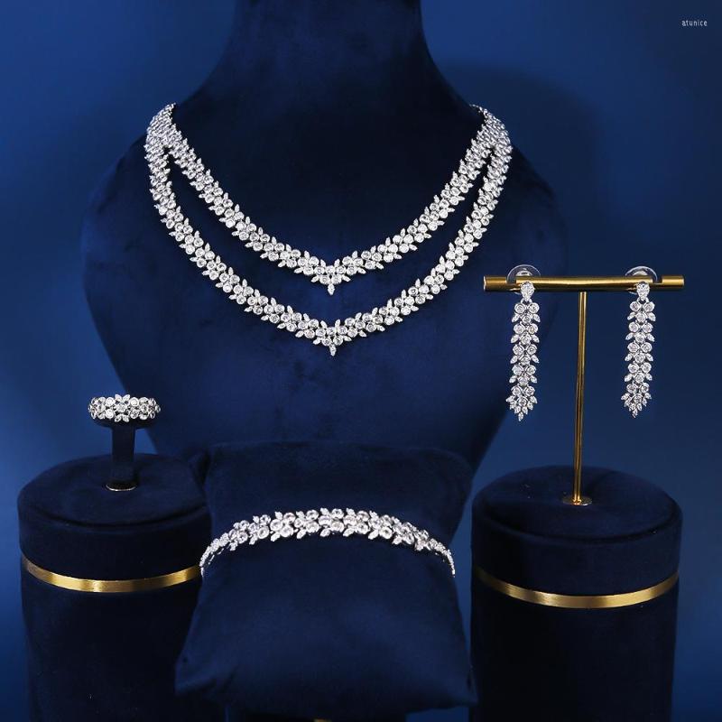 

Necklace Earrings Set 10121 Silver Color Crystal Bridal 3A CZ Wedding Geometric Elegant Romantic Bridesmaid, Picture shown