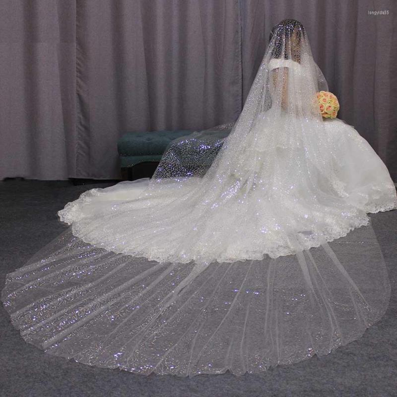 

Bridal Veils Sparkling Sequined 4M Long Wedding Veil 4 Meters One Layer Silver Sequins Ivory Tulle WITHOUT Comb 2023