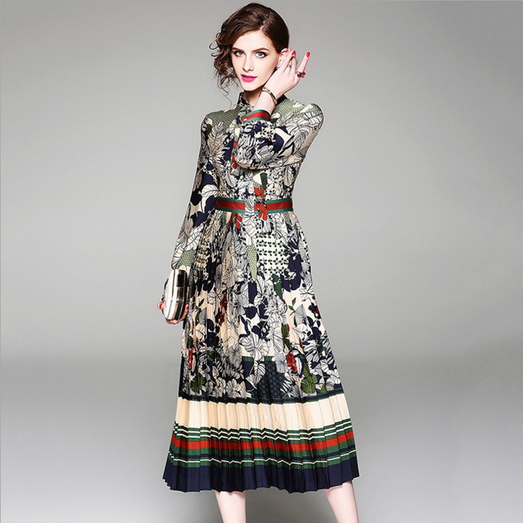 

2023 New Autumn European Station Premium Pleated Long Sleeve Tie Single-breasted Vintage Print Dress, Black